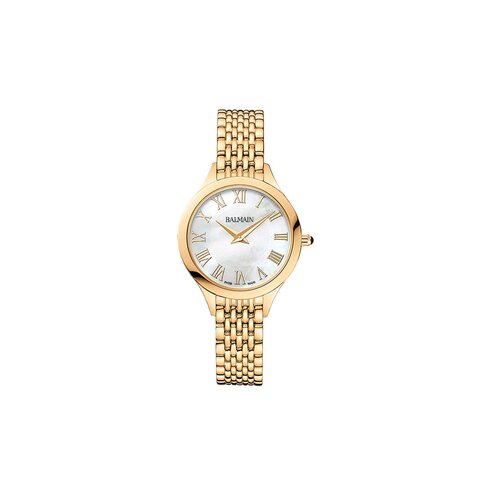 Balmain horloge met een kast in gele pvd-coating, met een wijzerplaat in het parelmoer en een diameter van 29 mm