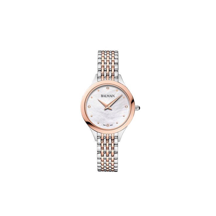 Balmain horloge met een kast in rosé pvd-coating op staal, met een wijzerplaat in het parelmoer met  briljant en een diameter van 29