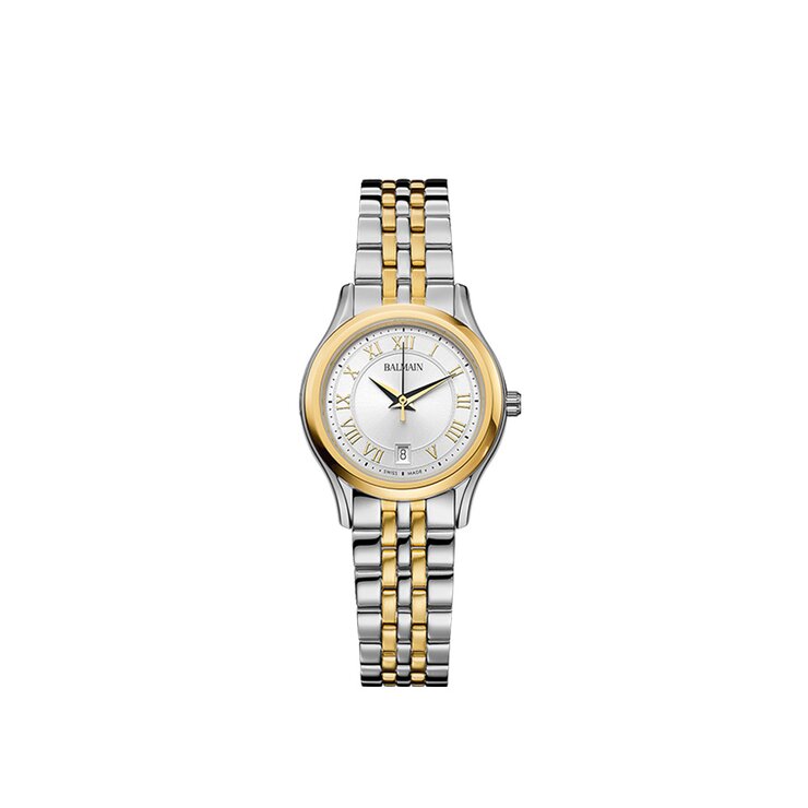 Balmain horloge met een kast in gele pvd-coating op staal, met een wijzerplaat in het zilver en een diameter van 27.5 mm