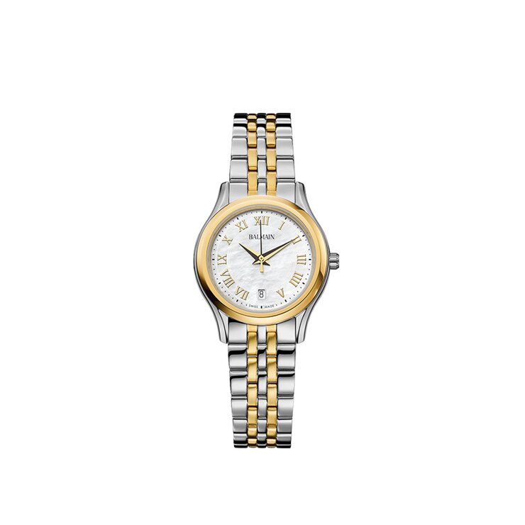 Balmain horloge met een kast in gele pvd-coating op staal, met een wijzerplaat in het parelmoer en een diameter van 27.5 mm