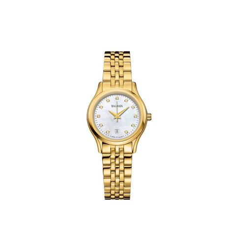 Balmain horloge met een kast in gele pvd-coating, met een wijzerplaat in het parelmoer met  briljant en een diameter van 27.5 mm