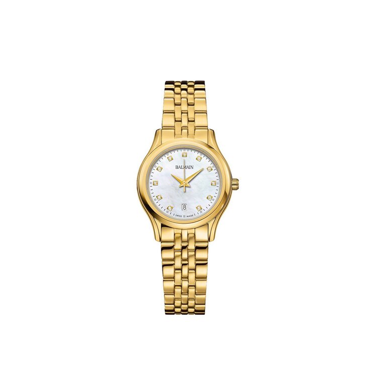 Balmain horloge met een kast in gele pvd-coating, met een wijzerplaat in het parelmoer met  briljant en een diameter van 27,5
