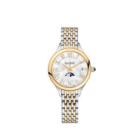 Balmain horloge met een kast in gele pvd-coating op staal, met een wijzerplaat in het parelmoer en een diameter van 31 mm