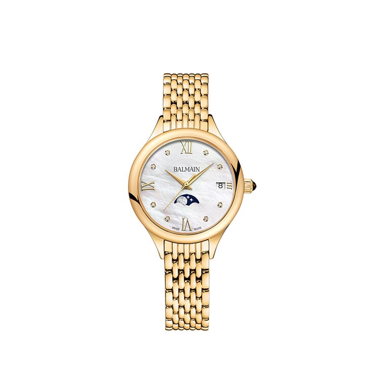 Balmain horloge met een kast in gele pvd-coating, met een wijzerplaat in het parelmoer met  briljant en een diameter van 31 mm