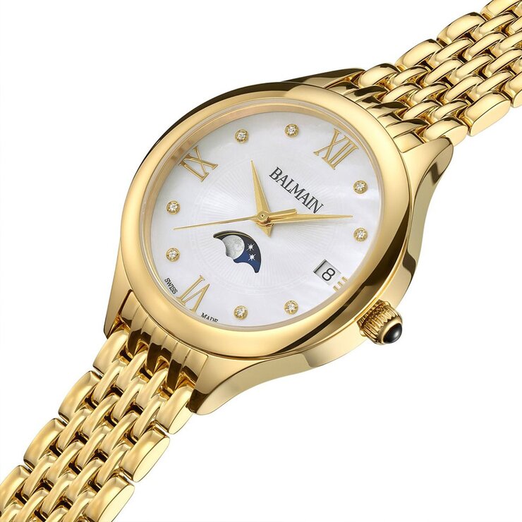 Balmain horloge met een kast in gele pvd-coating, met een wijzerplaat in het parelmoer met  briljant en een diameter van 31 mm