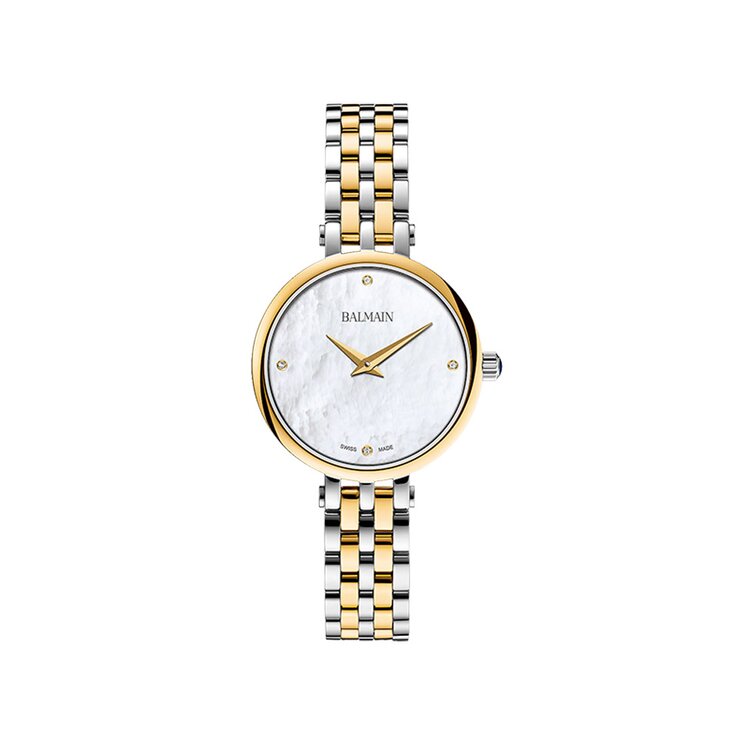 Balmain horloge met een kast in gele pvd-coating op staal, met een wijzerplaat in het parelmoer en een diameter van 31 mm