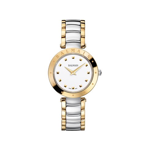 Balmain horloge met een kast in gele pvd-coating op staal, met een wijzerplaat in het wit en een diameter van 33 mm