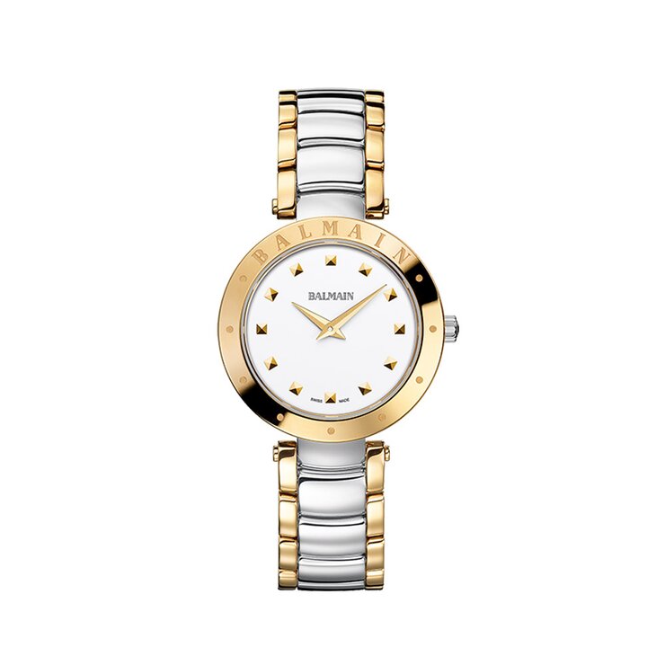 Balmain horloge met een kast in gele pvd-coating op staal, met een wijzerplaat in het wit en een diameter van 33
