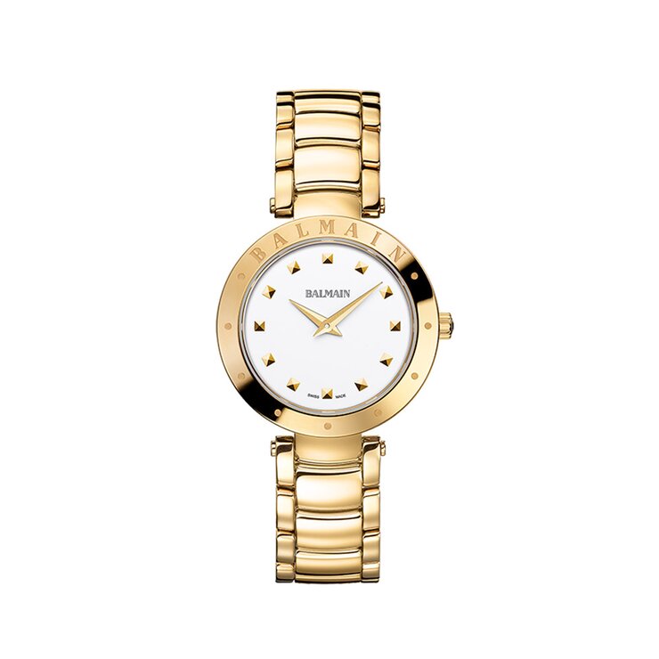 Balmain horloge met een kast in gele pvd-coating, met een wijzerplaat in het wit en een diameter van 33 mm