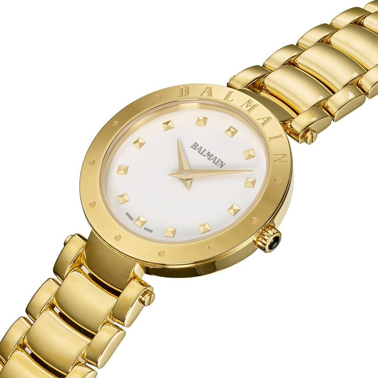 Balmain horloge met een kast in gele pvd-coating, met een wijzerplaat in het wit en een diameter van 33 mm
