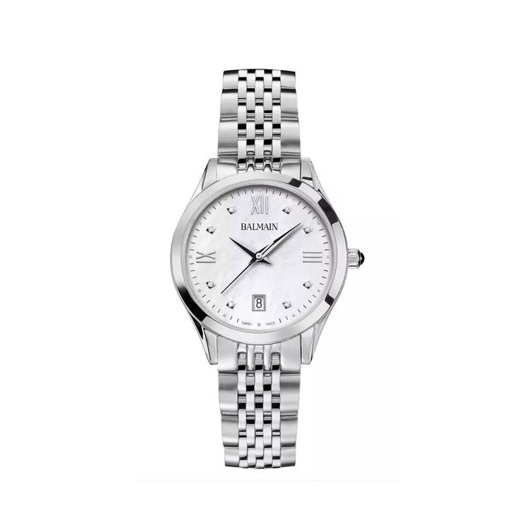 Balmain horloge met een kast in staal, met een wijzerplaat in het parelmoer met  briljant en een diameter van 34 mm
