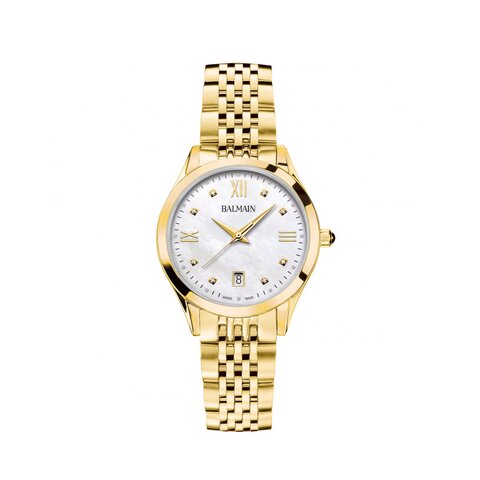 Balmain horloge met een kast in gele pvd-coating, met een wijzerplaat in het parelmoer met  briljant en een diameter van 34 mm