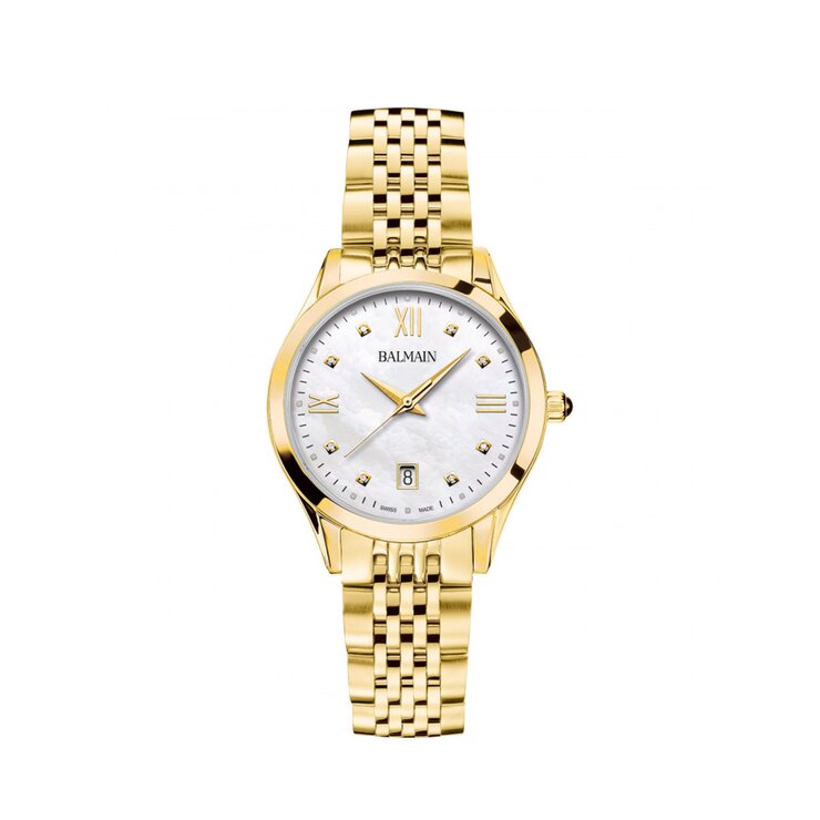 Balmain horloge met een kast in gele pvd-coating, met een wijzerplaat in het parelmoer met  briljant en een diameter van 34 mm