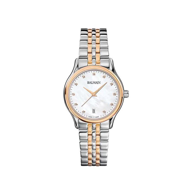 Balmain horloge met een kast in staal, met een wijzerplaat in het parelmoer met  briljant en een diameter van 32 mm