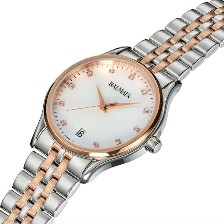 Balmain horloge met een kast in staal, met een wijzerplaat in het parelmoer met  briljant en een diameter van 32
