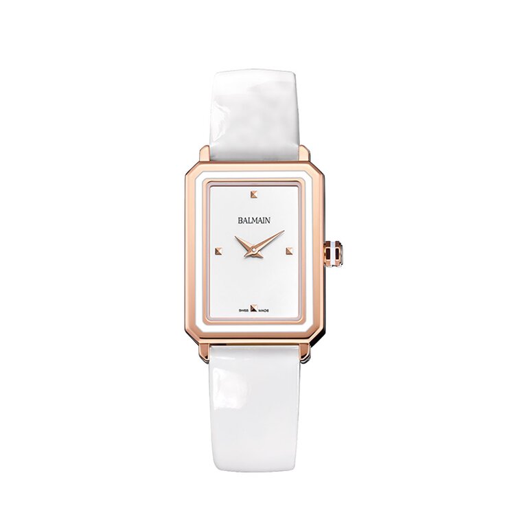 Balmain horloge met een kast in rosé pvd-coating, met een wijzerplaat in het wit en een diameter van 25 x 33
