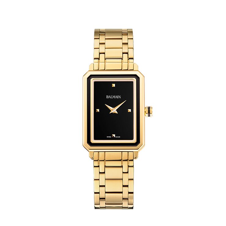 Balmain horloge met een kast in gele pvd-coating, met een wijzerplaat in het zwart en een diameter van 25 x 33 mm