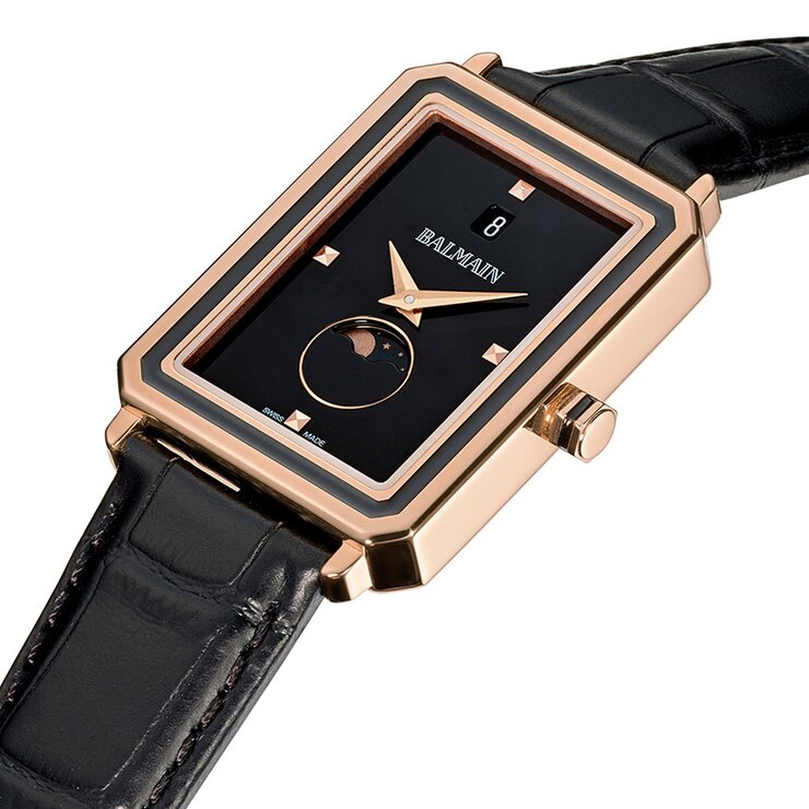 Balmain horloge met een kast in rosé pvd-coating, met een wijzerplaat in het zwart en een diameter van 28 x 37 mm
