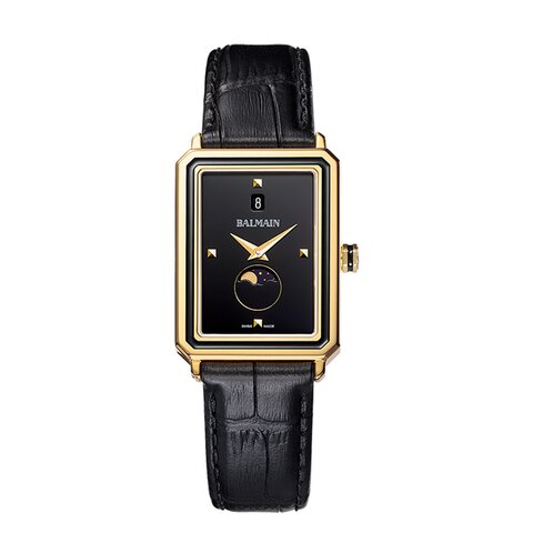 Balmain horloge met een kast in gele pvd-coating, met een wijzerplaat in het zwart en een diameter van 28 x 37 mm