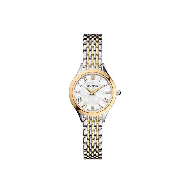 Balmain horloge met een kast in gele pvd-coating op staal, met een wijzerplaat in het parelmoer en een diameter van 25 mm