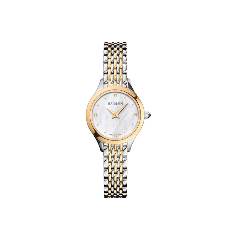Balmain horloge met een kast in gele pvd-coating op staal, met een wijzerplaat in het parelmoer met  briljant en een diameter van 25