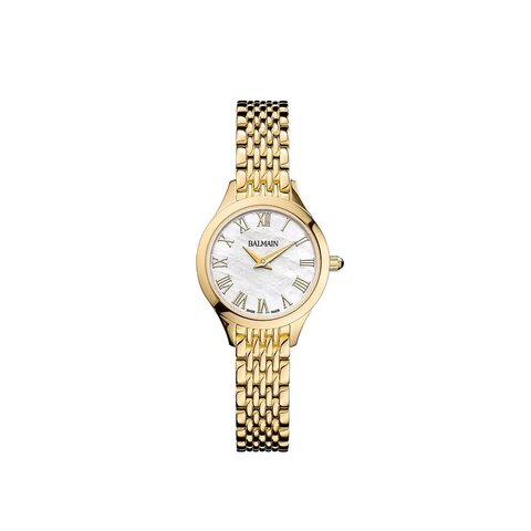 Balmain horloge met een kast in gele pvd-coating, met een wijzerplaat in het parelmoer en een diameter van 25 mm