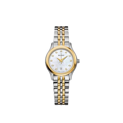 Balmain horloge met een kast in gele pvd-coating op staal, met een wijzerplaat in het parelmoer met  briljant en een diameter van 27.5 mm
