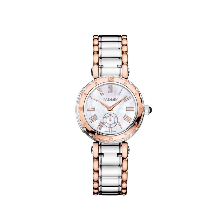 Balmain horloge met een kast in rosé pvd-coating op staal, met een wijzerplaat in het parelmoer en een diameter van 32 mm