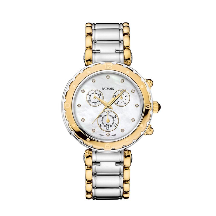 Balmain horloge met een kast in gele pvd-coating op staal, met een wijzerplaat in het parelmoer met  briljant en een diameter van 38 mm