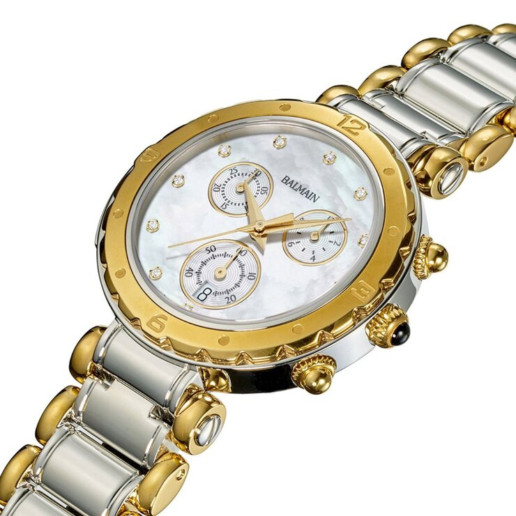 Balmain horloge met een kast in gele pvd-coating op staal, met een wijzerplaat in het parelmoer met  briljant en een diameter van 38 mm