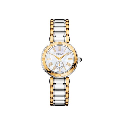 Balmain horloge met een kast in gele pvd-coating op staal, met een wijzerplaat in het parelmoer en een diameter van 32 mm