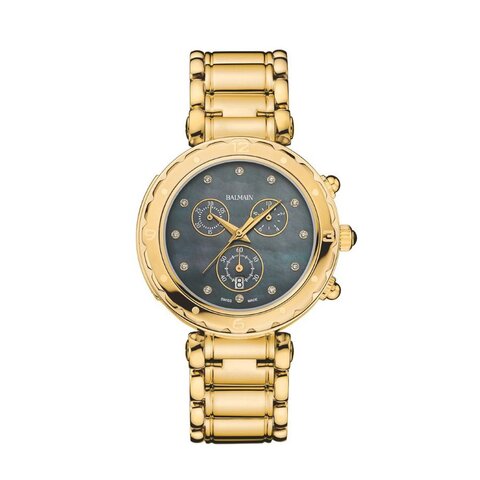 Balmain horloge met een kast in gele pvd-coating, met een wijzerplaat in het parelmoer met  briljant en een diameter van 38 mm