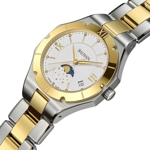 Balmain horloge met een kast in staal, met een wijzerplaat in het wit met  briljant en een diameter van 33 mm