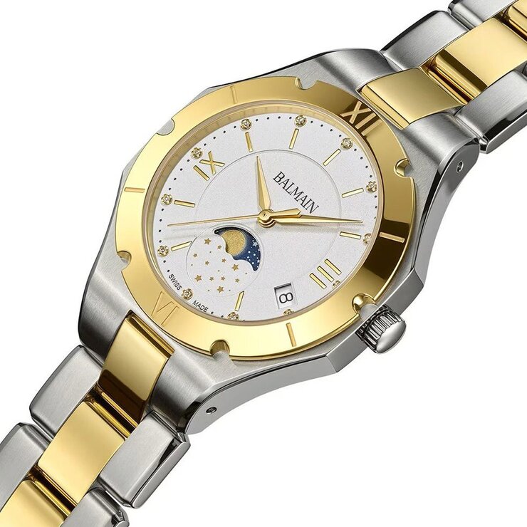 Balmain horloge met een kast in staal, met een wijzerplaat in het wit met  briljant en een diameter van 33 mm