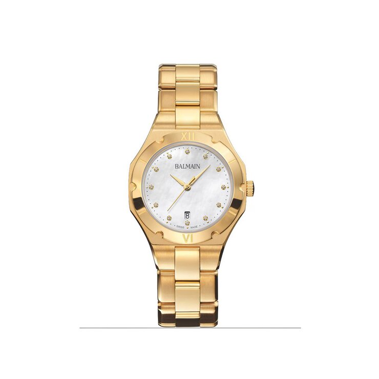 Balmain horloge met een kast in gele pvd-coating, met een wijzerplaat in het parelmoer met  briljant en een diameter van 31 mm