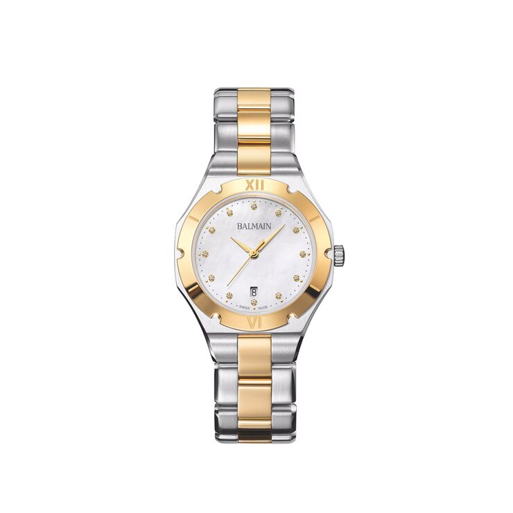 Balmain horloge met een kast in staal, met een wijzerplaat in het parelmoer met  briljant en een diameter van 31
