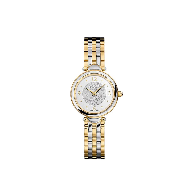 Balmain horloge met een kast in gele pvd-coating op staal, met een wijzerplaat in het zilver en een diameter van 29