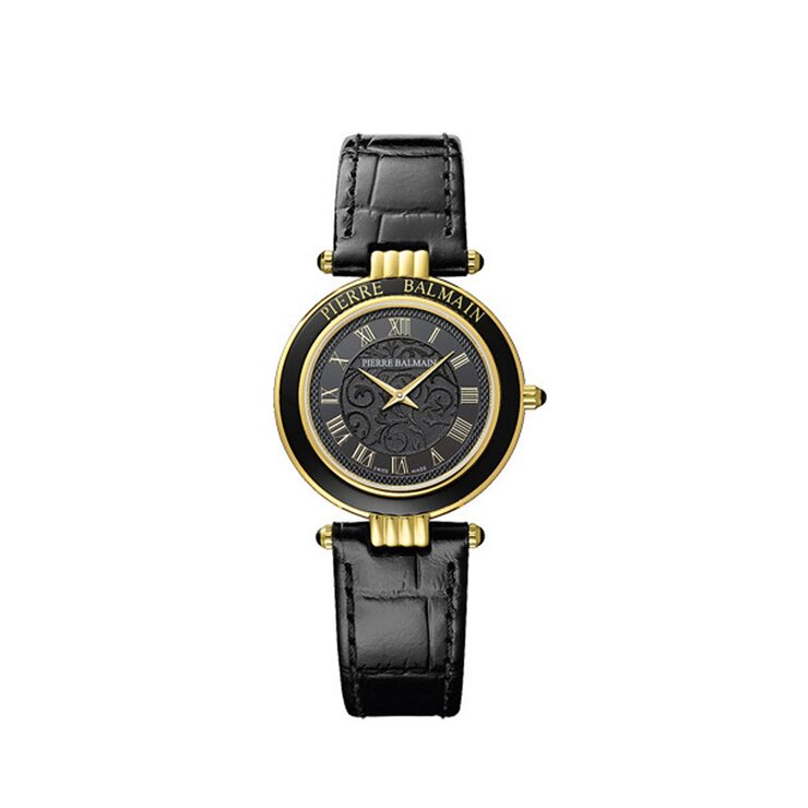 Balmain horloge met een kast in gele pvd-coating, met een wijzerplaat in het zwart en een diameter van 30 mm