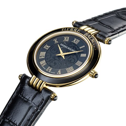 Balmain horloge met een kast in gele pvd-coating, met een wijzerplaat in het zwart en een diameter van 30 mm