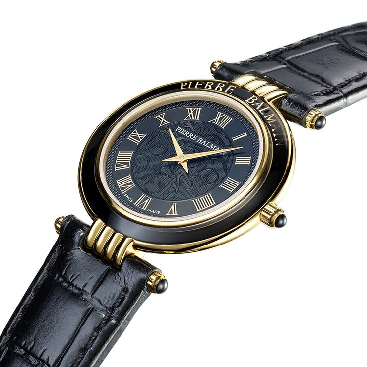 Balmain horloge met een kast in gele pvd-coating, met een wijzerplaat in het zwart en een diameter van 30 mm