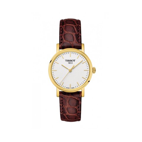Tissot horloge met een kast in gele pvd-coating, met een wijzerplaat in het wit en een diameter van 30 mm