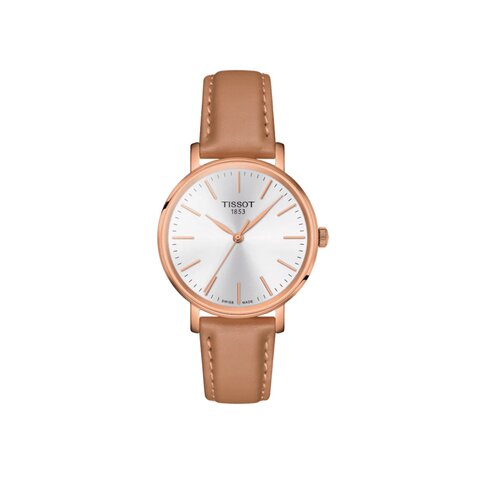 Tissot horloge met een kast in rosé pvd-coating, met een wijzerplaat in het wit en een diameter van 34 mm