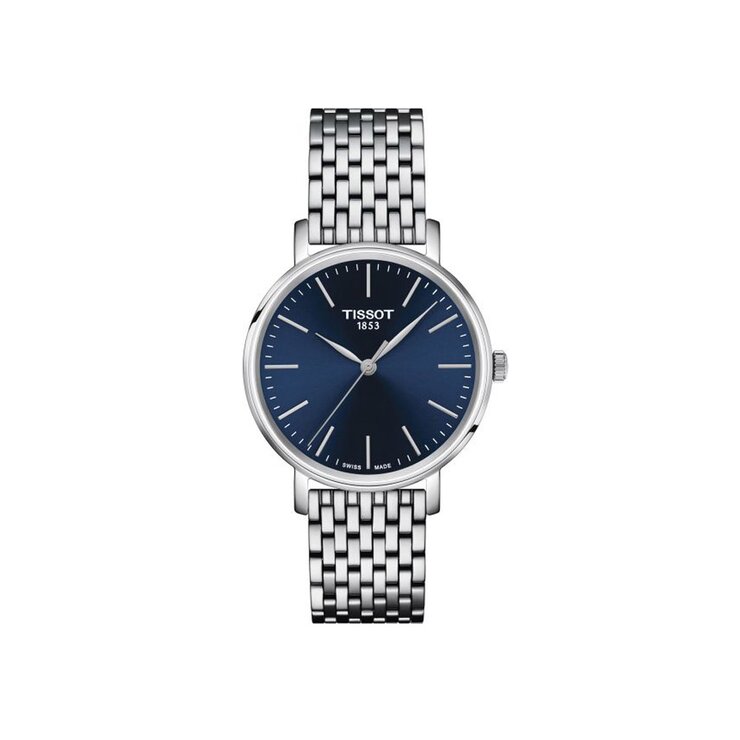 Tissot horloge met een kast in staal, met een wijzerplaat in het blauw en een diameter van 34