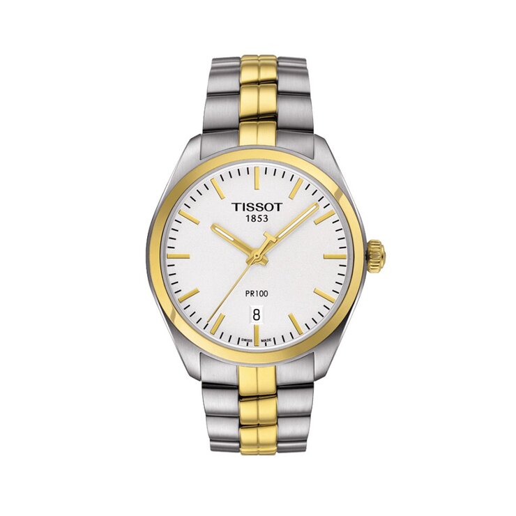 Tissot horloge met een kast in gele pvd-coating op staal, met een wijzerplaat in het wit en een diameter van 39 mm