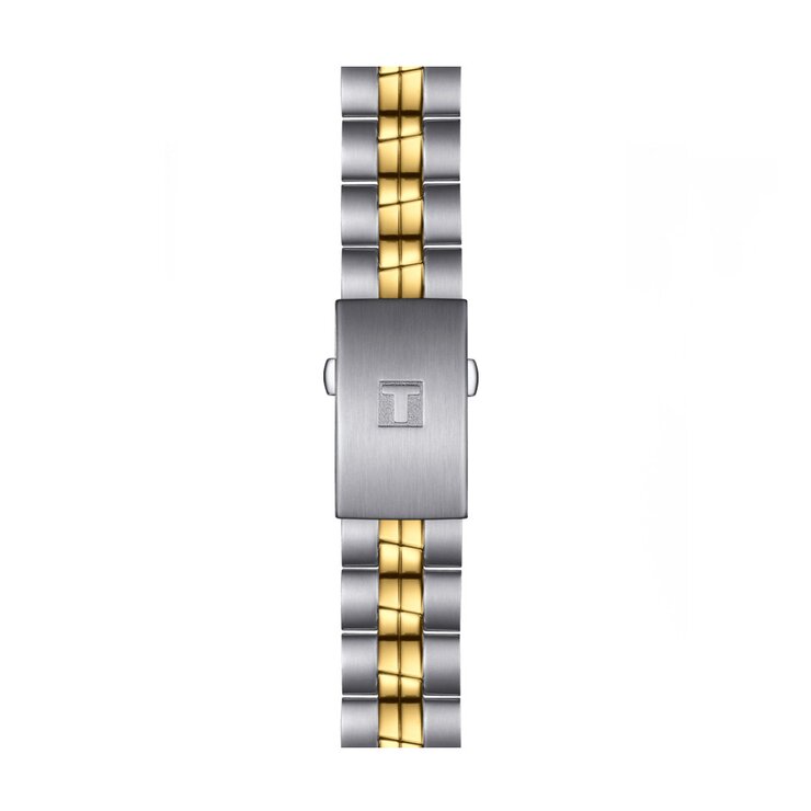 Tissot horloge met een kast in gele pvd-coating op staal, met een wijzerplaat in het wit en een diameter van 39 mm