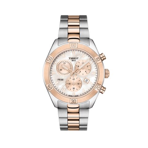 Tissot horloge met een kast in rosé pvd-coating op staal, met een wijzerplaat in het parelmoer en een diameter van 38 mm