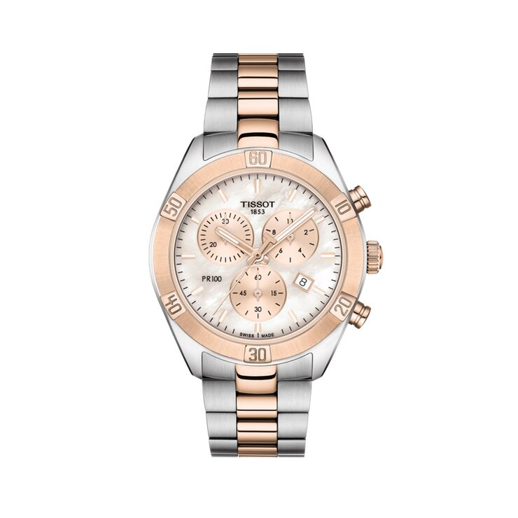 Tissot horloge met een kast in rosé pvd-coating op staal, met een wijzerplaat in het parelmoer en een diameter van 38 mm