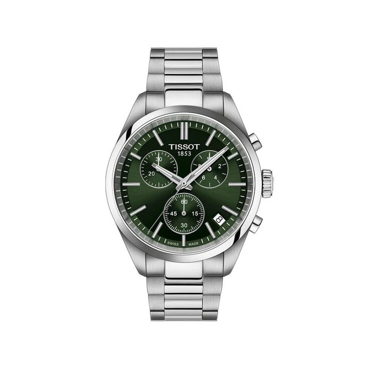 montre Tissot avec un boîtier en acier, un cadran vert et un diamètre de 40
