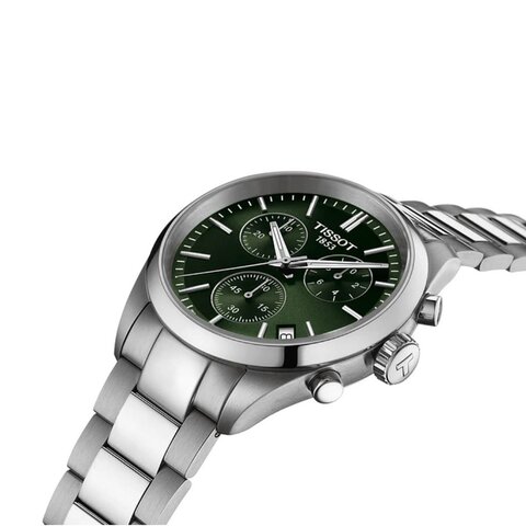 Tissot horloge met een kast in staal, met een wijzerplaat in het groen en een diameter van 40 mm