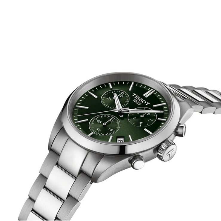 montre Tissot avec un boîtier en acier, un cadran vert et un diamètre de 40